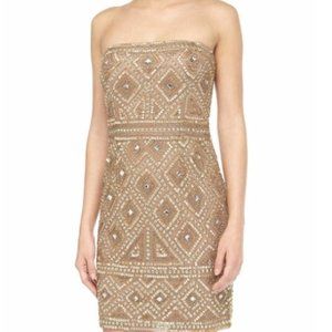 ADRIANNA PAPELL GOLD BEADED STRAPLESS GOWN